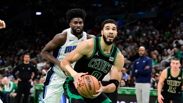 Dec 15, 2023; Boston, Massachusetts, USA; Boston Celtics forward Jayson Tatum (0) looks to shoot during the second half against the Orlando Magic at TD Garden.